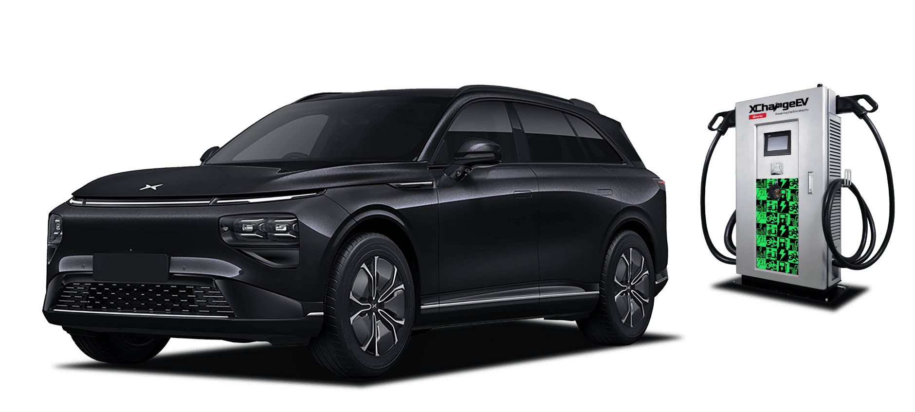 Black Xpeng beside an XChargeEV charger